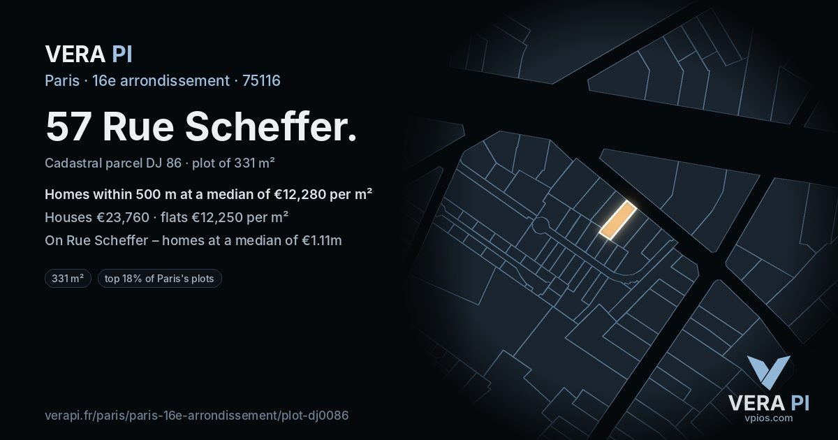 57 Rue Scheffer, 16e arrondissement at night – the plot lit, the parcels around coloured by the prices near them