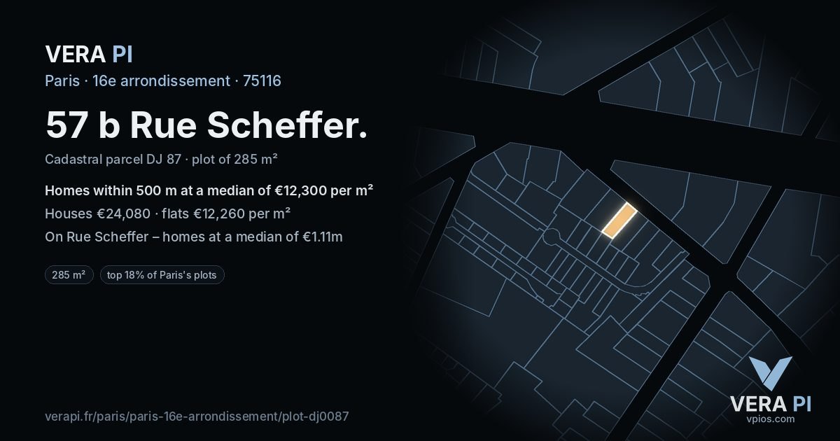 57 b Rue Scheffer, 16e arrondissement at night – the plot lit, the parcels around coloured by the prices near them