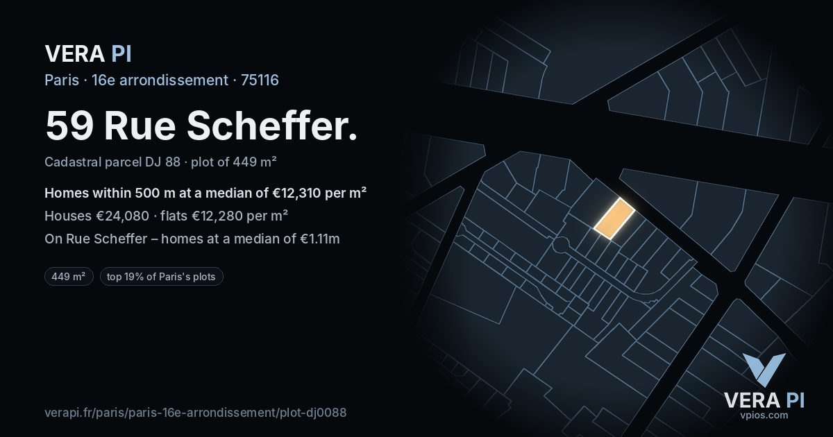 59 Rue Scheffer, 16e arrondissement at night – the plot lit, the parcels around coloured by the prices near them