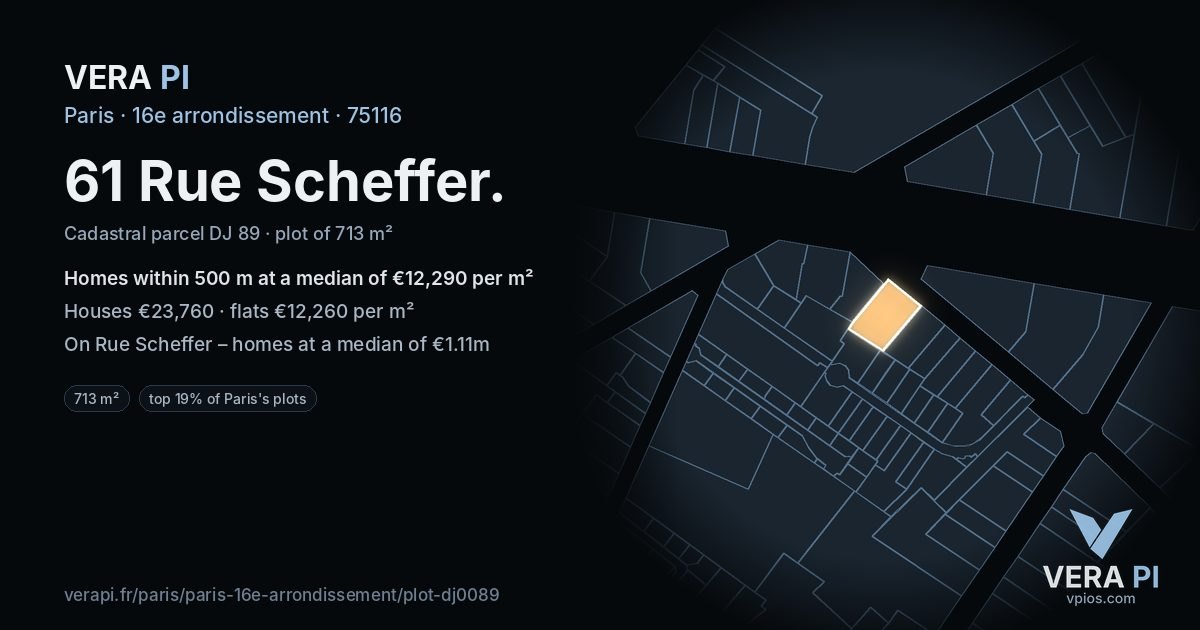 61 Rue Scheffer, 16e arrondissement at night – the plot lit, the parcels around coloured by the prices near them