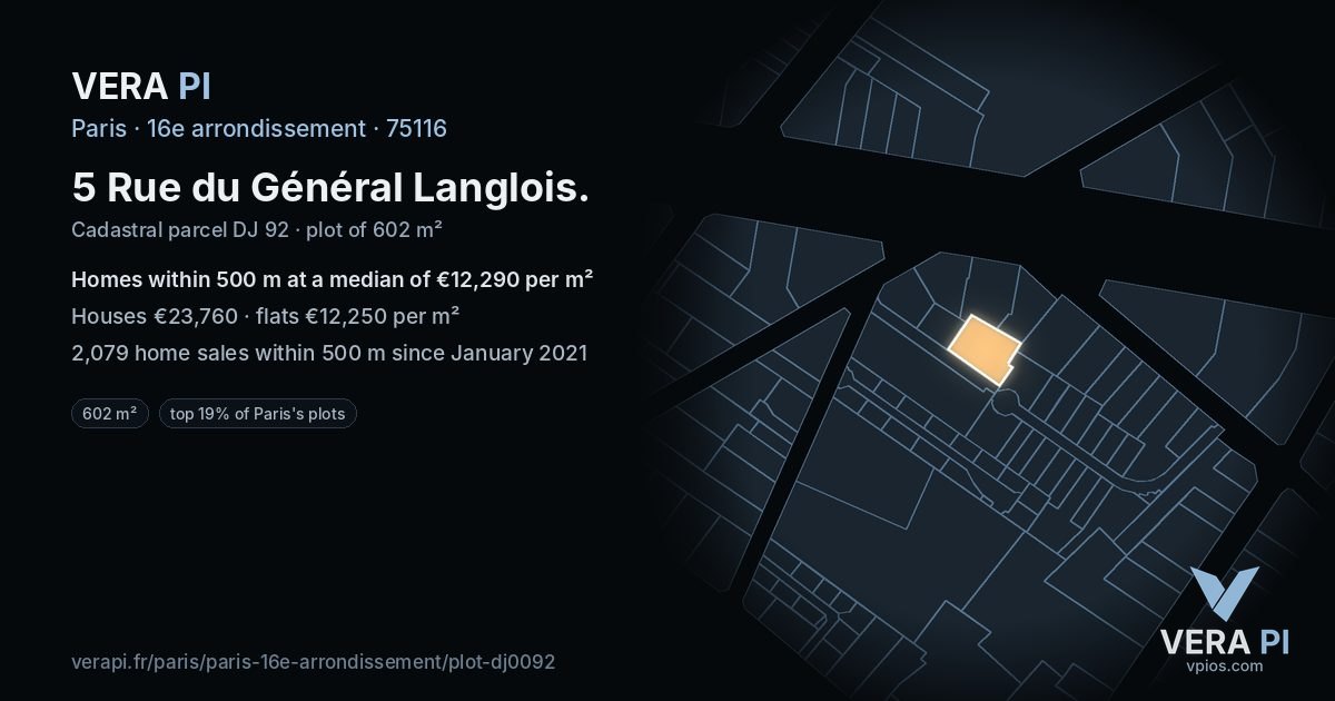 5 Rue du Général Langlois, 16e arrondissement at night – the plot lit, the parcels around coloured by the prices near them