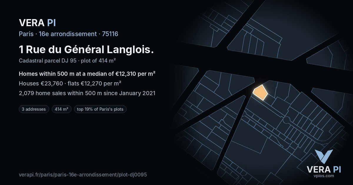 1 Rue du Général Langlois, 16e arrondissement at night – the plot lit, the parcels around coloured by the prices near them