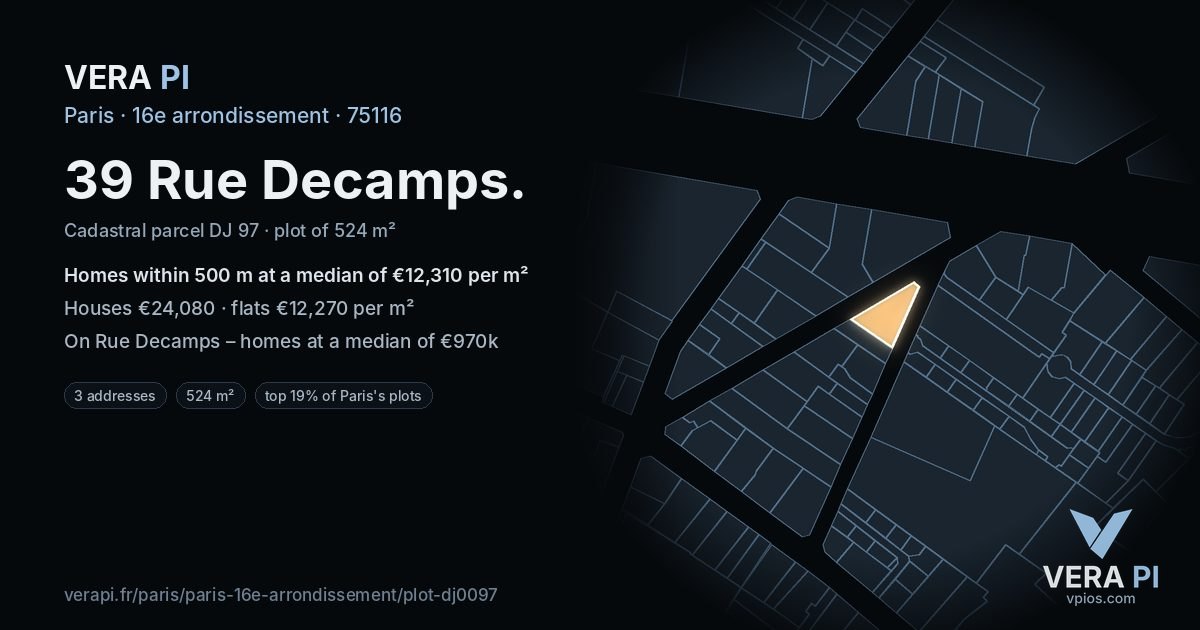 39 Rue Decamps, 16e arrondissement at night – the plot lit, the parcels around coloured by the prices near them