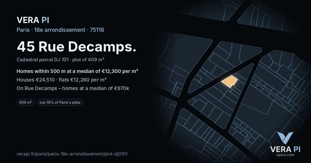 45 Rue Decamps, 16e arrondissement at night – the plot lit, the parcels around coloured by the prices near them