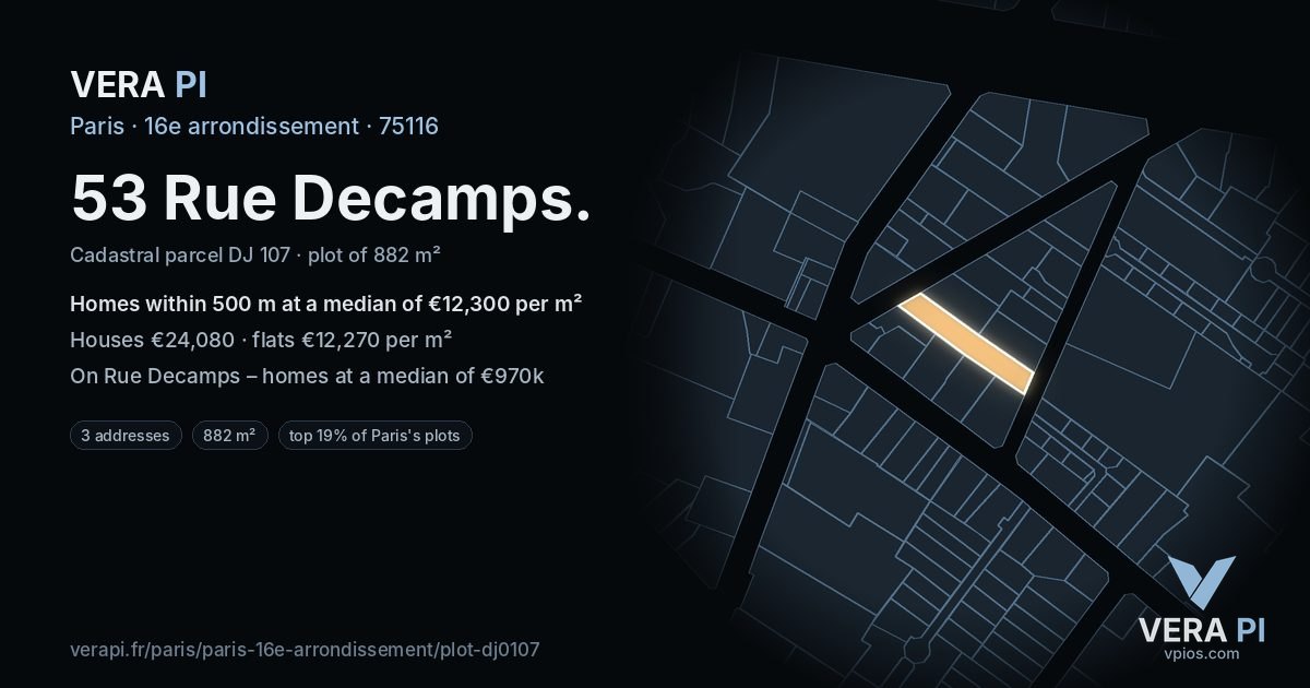 53 Rue Decamps, 16e arrondissement at night – the plot lit, the parcels around coloured by the prices near them