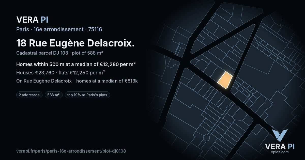 18 Rue Eugène Delacroix, 16e arrondissement at night – the plot lit, the parcels around coloured by the prices near them