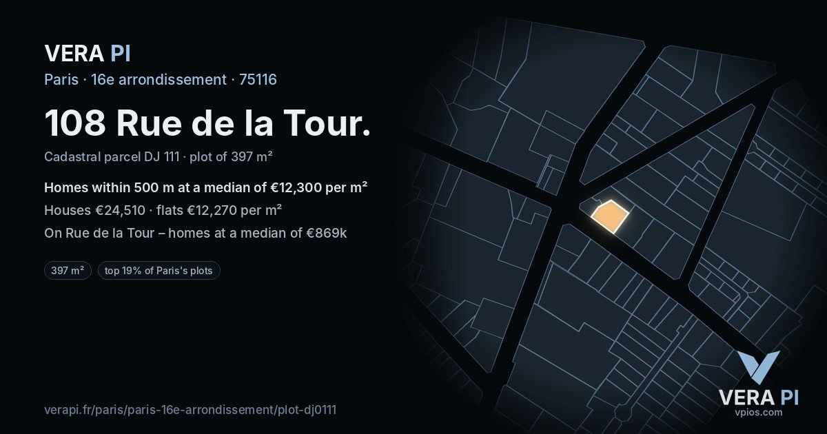 108 Rue de la Tour, 16e arrondissement at night – the plot lit, the parcels around coloured by the prices near them