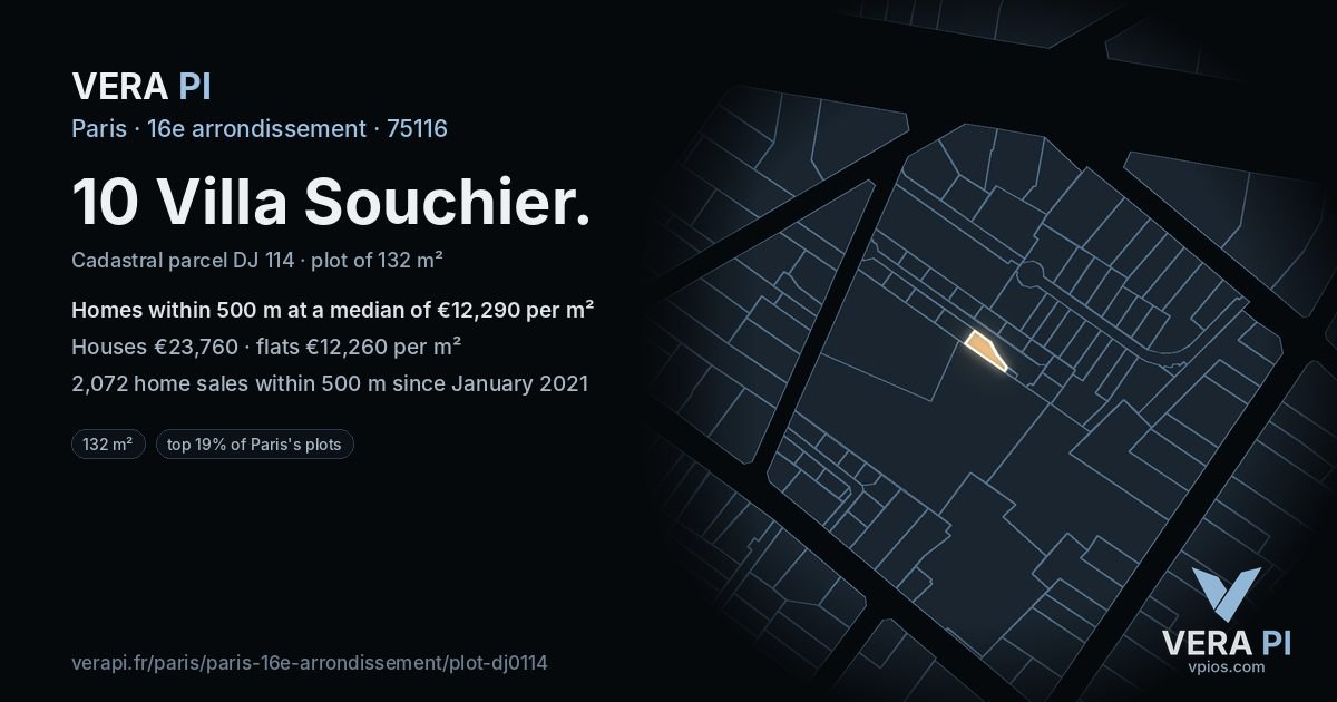 10 Villa Souchier, 16e arrondissement at night – the plot lit, the parcels around coloured by the prices near them