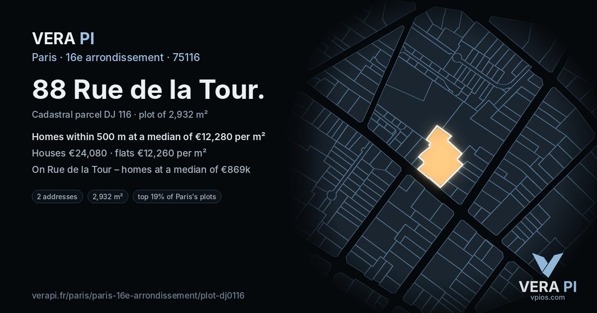 88 Rue de la Tour, 16e arrondissement at night – the plot lit, the parcels around coloured by the prices near them