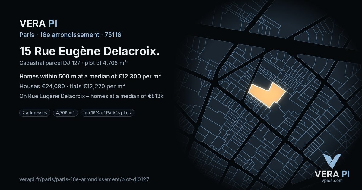 15 Rue Eugène Delacroix, 16e arrondissement at night – the plot lit, the parcels around coloured by the prices near them