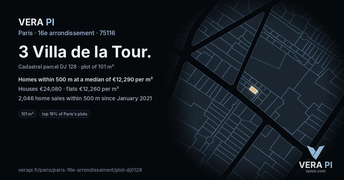 3 Villa de la Tour, 16e arrondissement at night – the plot lit, the parcels around coloured by the prices near them