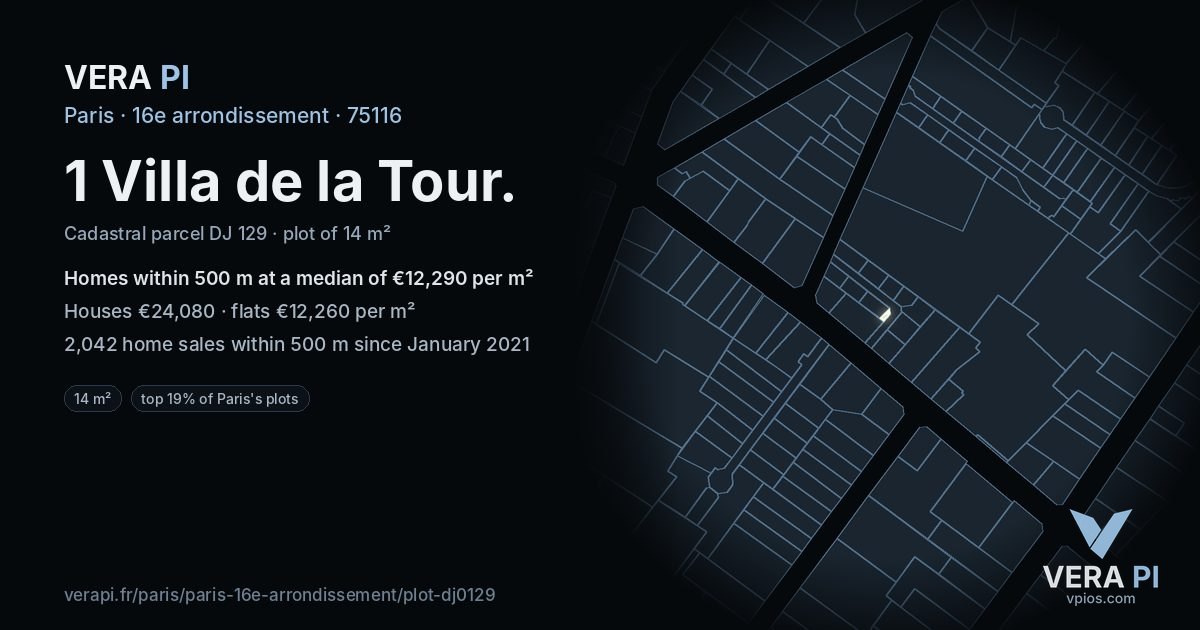 1 Villa de la Tour, 16e arrondissement at night – the plot lit, the parcels around coloured by the prices near them
