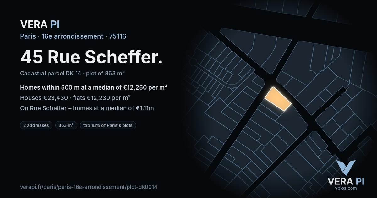 45 Rue Scheffer, 16e arrondissement at night – the plot lit, the parcels around coloured by the prices near them