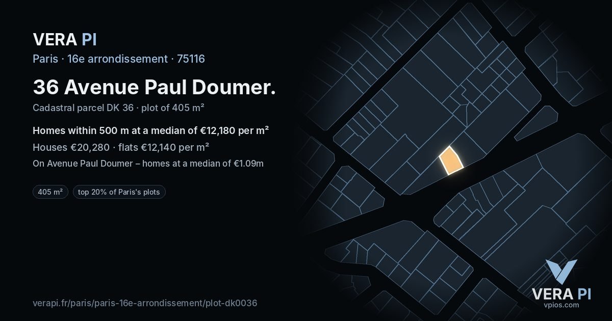 36 Avenue Paul Doumer, 16e arrondissement at night – the plot lit, the parcels around coloured by the prices near them