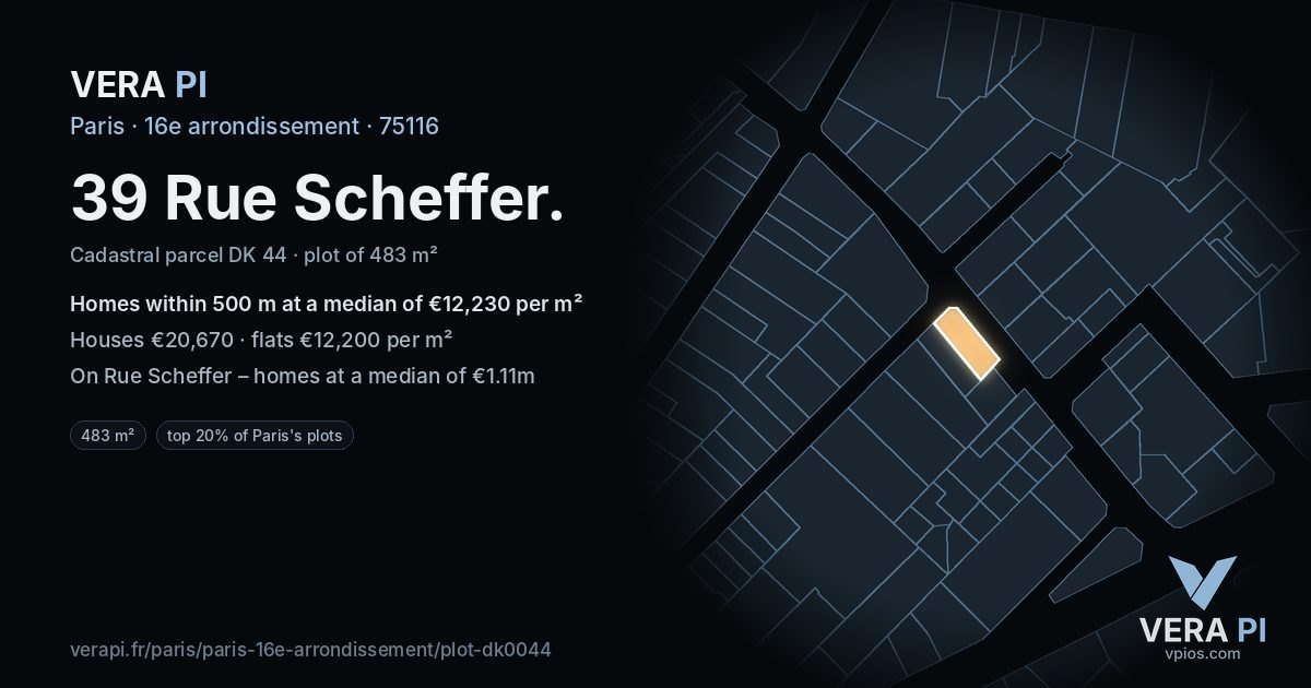 39 Rue Scheffer, 16e arrondissement at night – the plot lit, the parcels around coloured by the prices near them