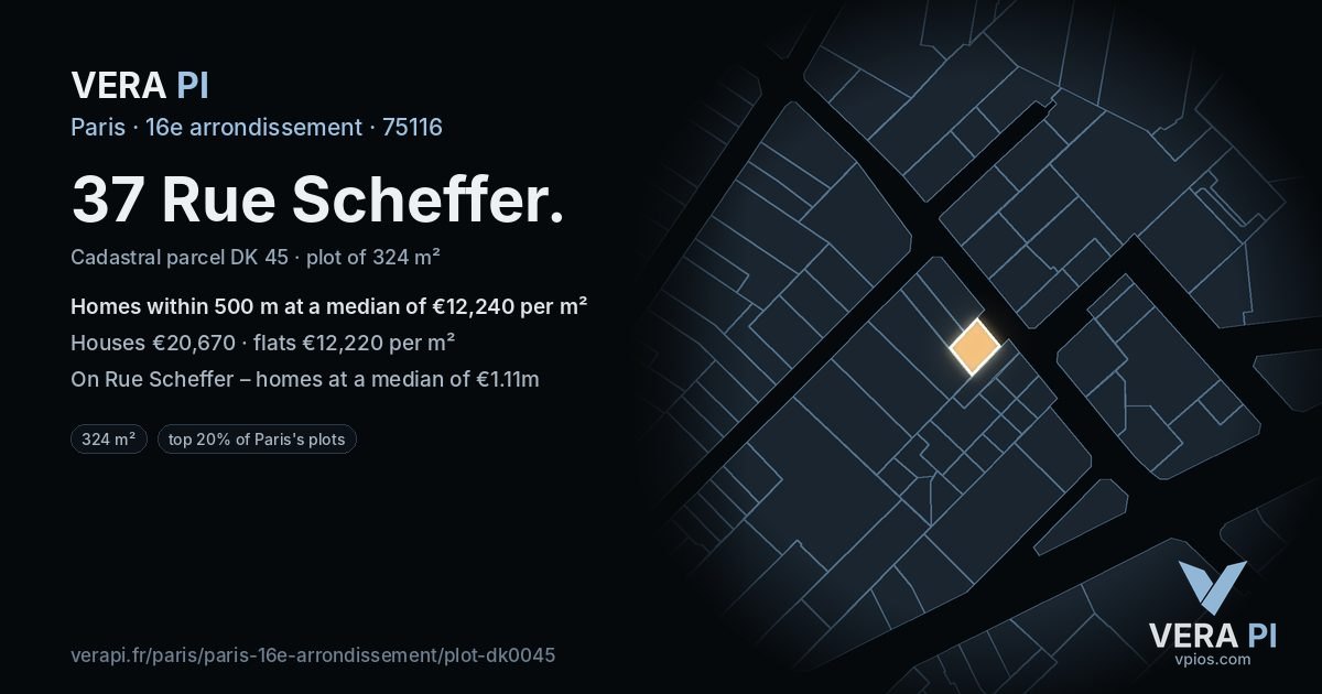 37 Rue Scheffer, 16e arrondissement at night – the plot lit, the parcels around coloured by the prices near them