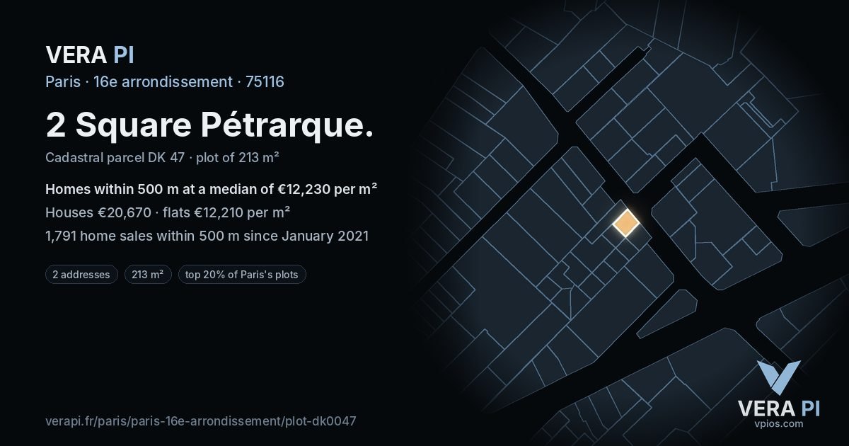 2 Square Pétrarque, 16e arrondissement at night – the plot lit, the parcels around coloured by the prices near them
