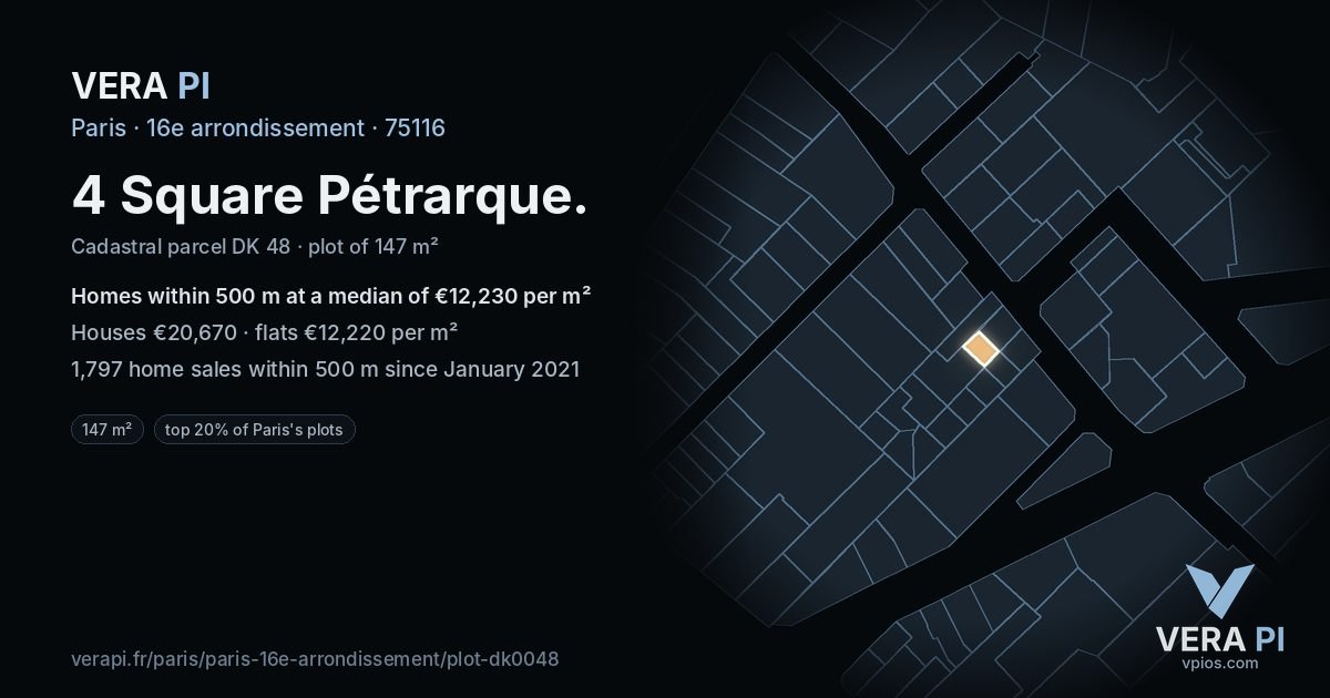 4 Square Pétrarque, 16e arrondissement at night – the plot lit, the parcels around coloured by the prices near them