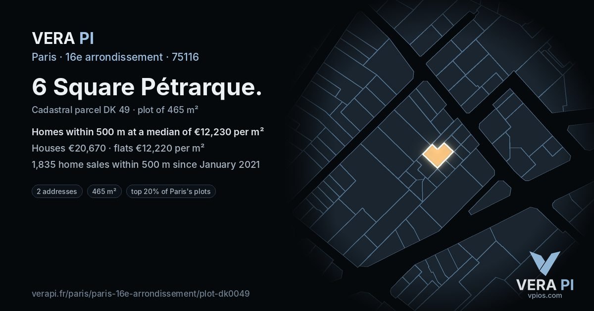6 Square Pétrarque, 16e arrondissement at night – the plot lit, the parcels around coloured by the prices near them