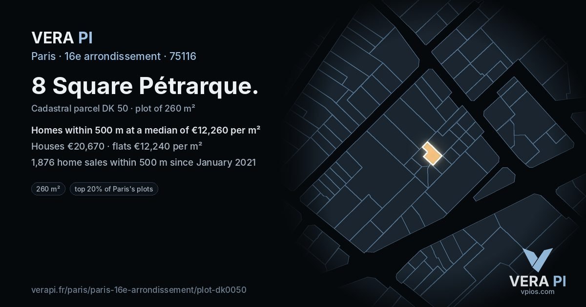 8 Square Pétrarque, 16e arrondissement at night – the plot lit, the parcels around coloured by the prices near them