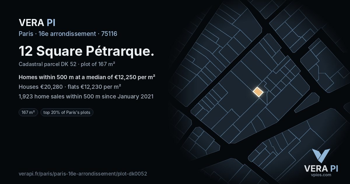 12 Square Pétrarque, 16e arrondissement at night – the plot lit, the parcels around coloured by the prices near them