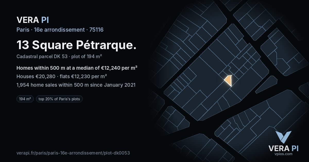 13 Square Pétrarque, 16e arrondissement at night – the plot lit, the parcels around coloured by the prices near them