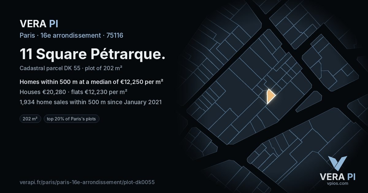 11 Square Pétrarque, 16e arrondissement at night – the plot lit, the parcels around coloured by the prices near them