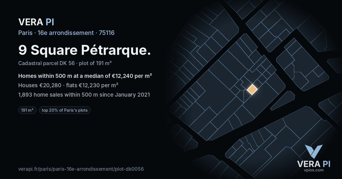 9 Square Pétrarque, 16e arrondissement at night – the plot lit, the parcels around coloured by the prices near them