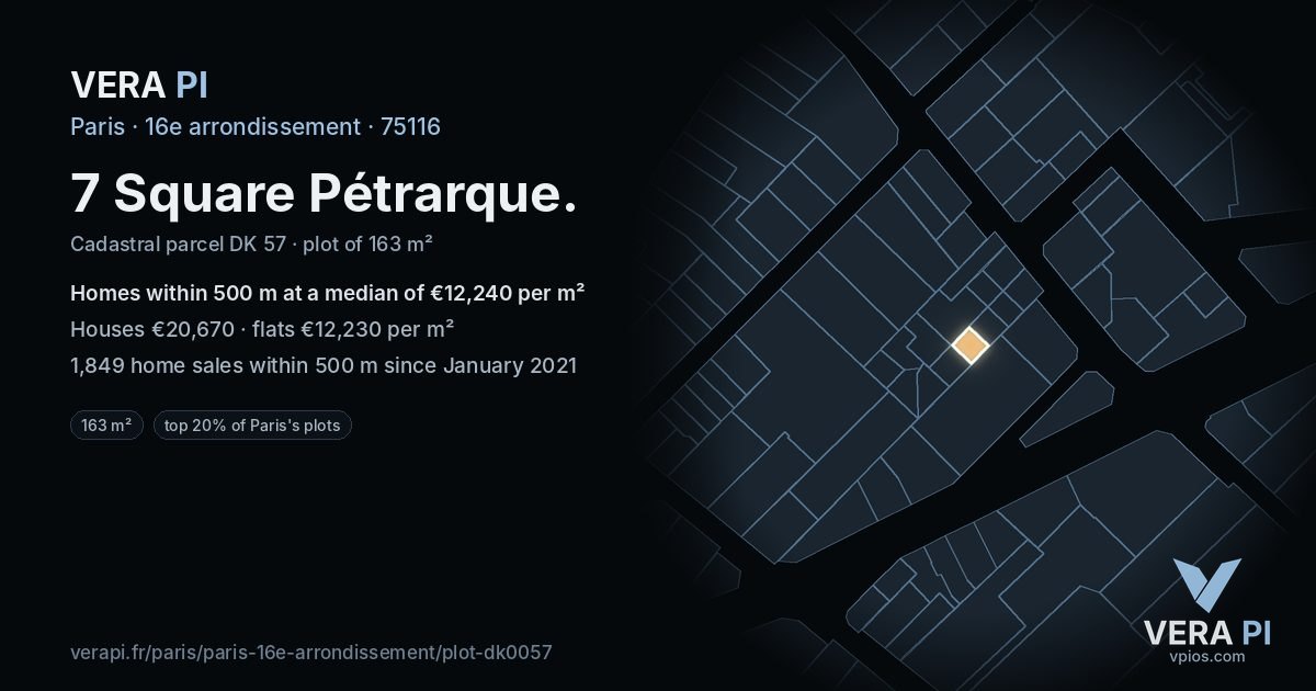 7 Square Pétrarque, 16e arrondissement at night – the plot lit, the parcels around coloured by the prices near them