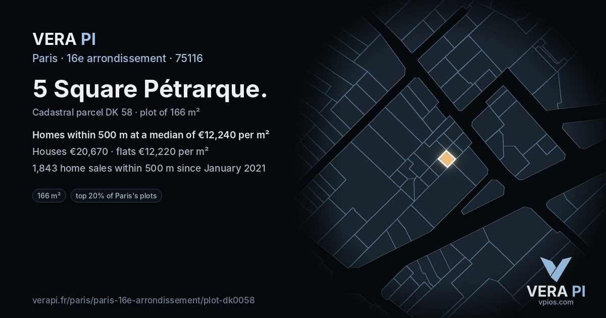 5 Square Pétrarque, 16e arrondissement at night – the plot lit, the parcels around coloured by the prices near them