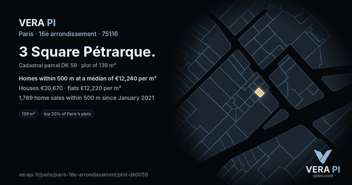 3 Square Pétrarque, 16e arrondissement at night – the plot lit, the parcels around coloured by the prices near them