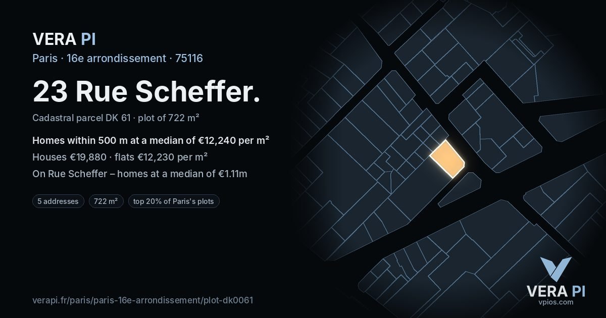 23 Rue Scheffer, 16e arrondissement at night – the plot lit, the parcels around coloured by the prices near them