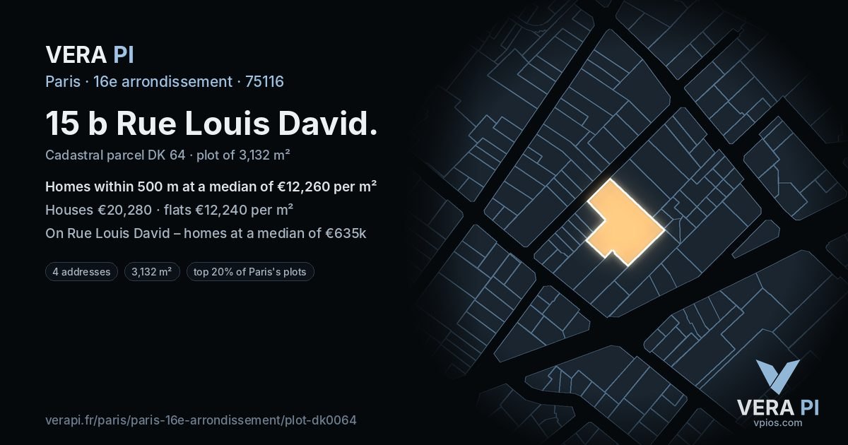 15 b Rue Louis David, 16e arrondissement at night – the plot lit, the parcels around coloured by the prices near them