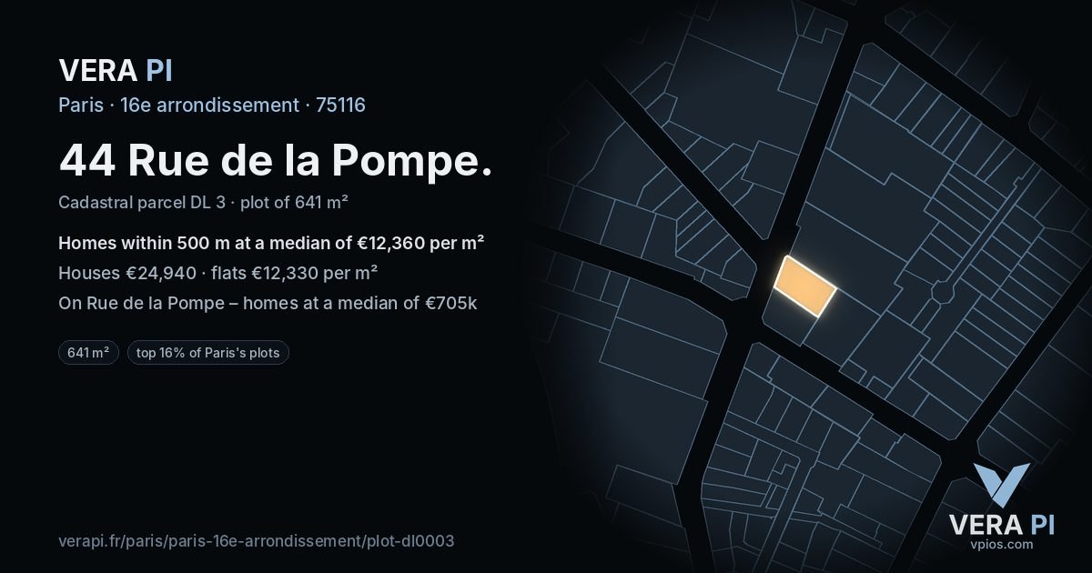 44 Rue de la Pompe, 16e arrondissement at night – the plot lit, the parcels around coloured by the prices near them