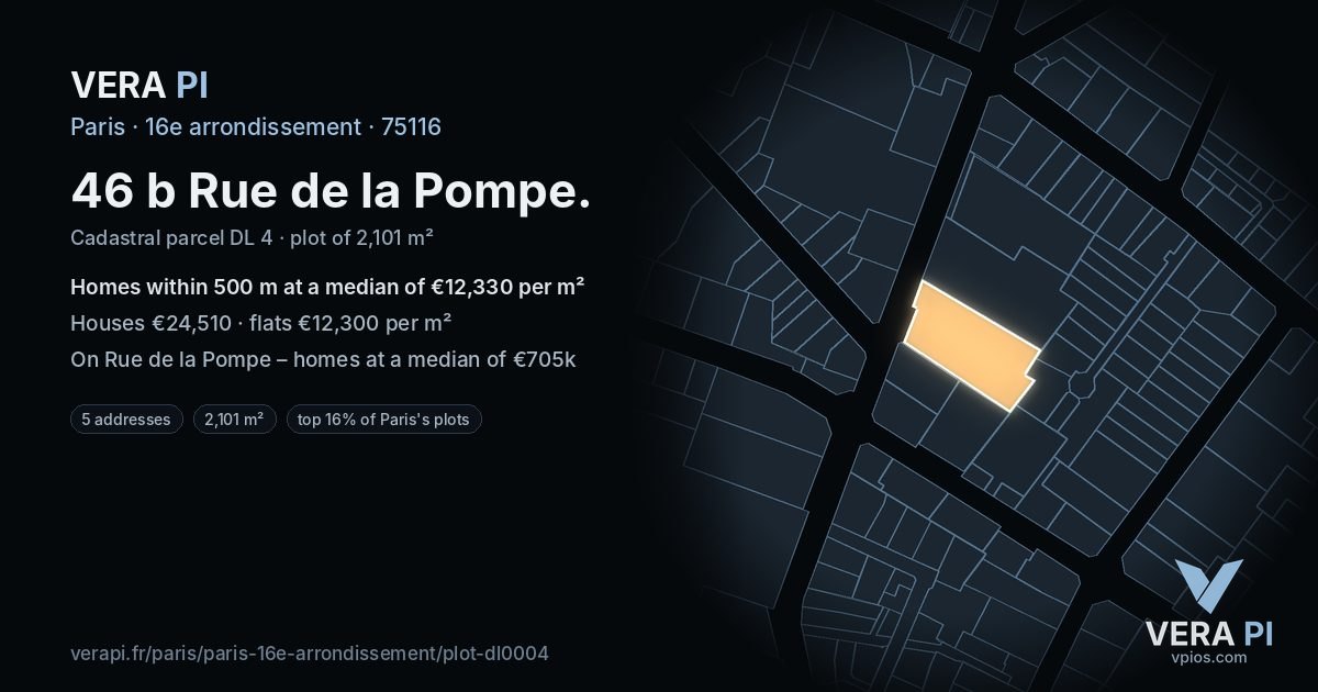 46 b Rue de la Pompe, 16e arrondissement at night – the plot lit, the parcels around coloured by the prices near them