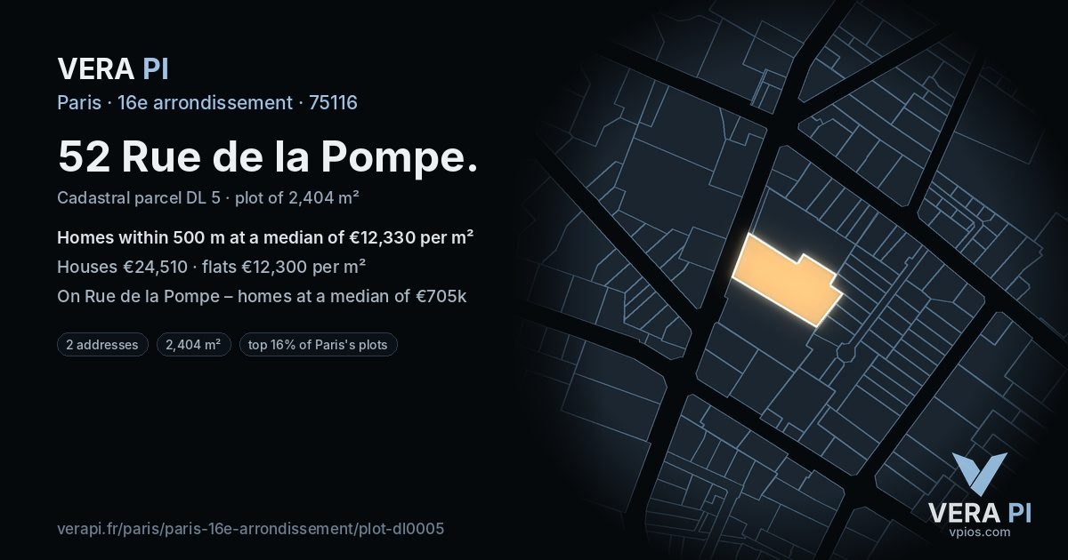 52 Rue de la Pompe, 16e arrondissement at night – the plot lit, the parcels around coloured by the prices near them