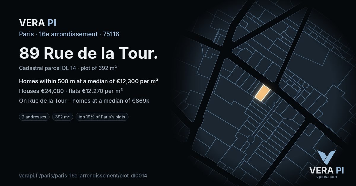 89 Rue de la Tour, 16e arrondissement at night – the plot lit, the parcels around coloured by the prices near them
