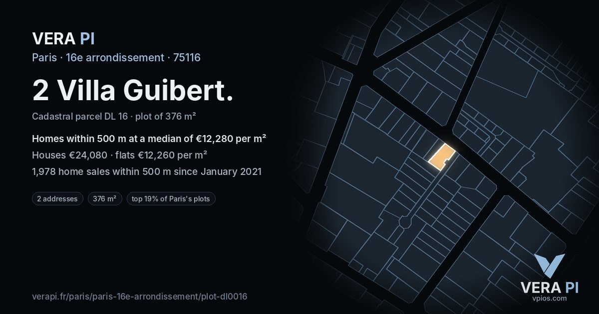 2 Villa Guibert, 16e arrondissement at night – the plot lit, the parcels around coloured by the prices near them
