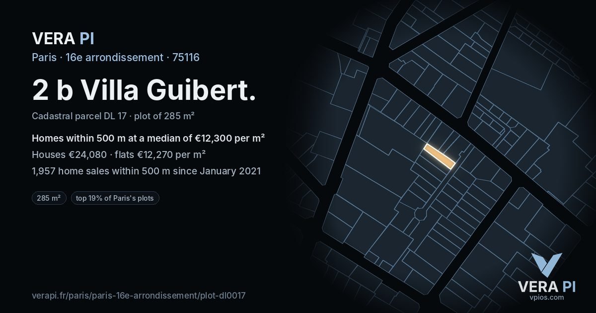 2 b Villa Guibert, 16e arrondissement at night – the plot lit, the parcels around coloured by the prices near them