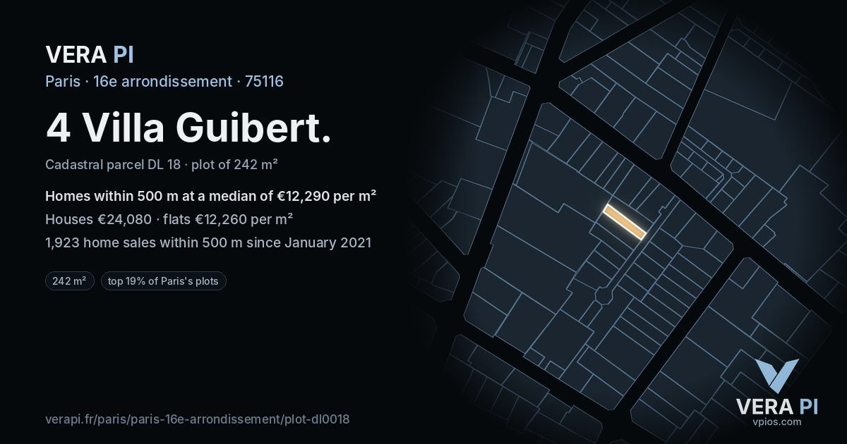 4 Villa Guibert, 16e arrondissement at night – the plot lit, the parcels around coloured by the prices near them
