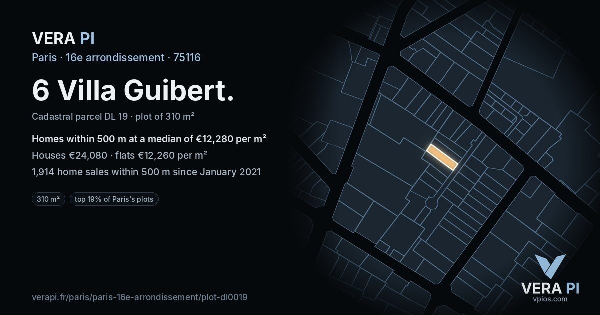 6 Villa Guibert, 16e arrondissement at night – the plot lit, the parcels around coloured by the prices near them