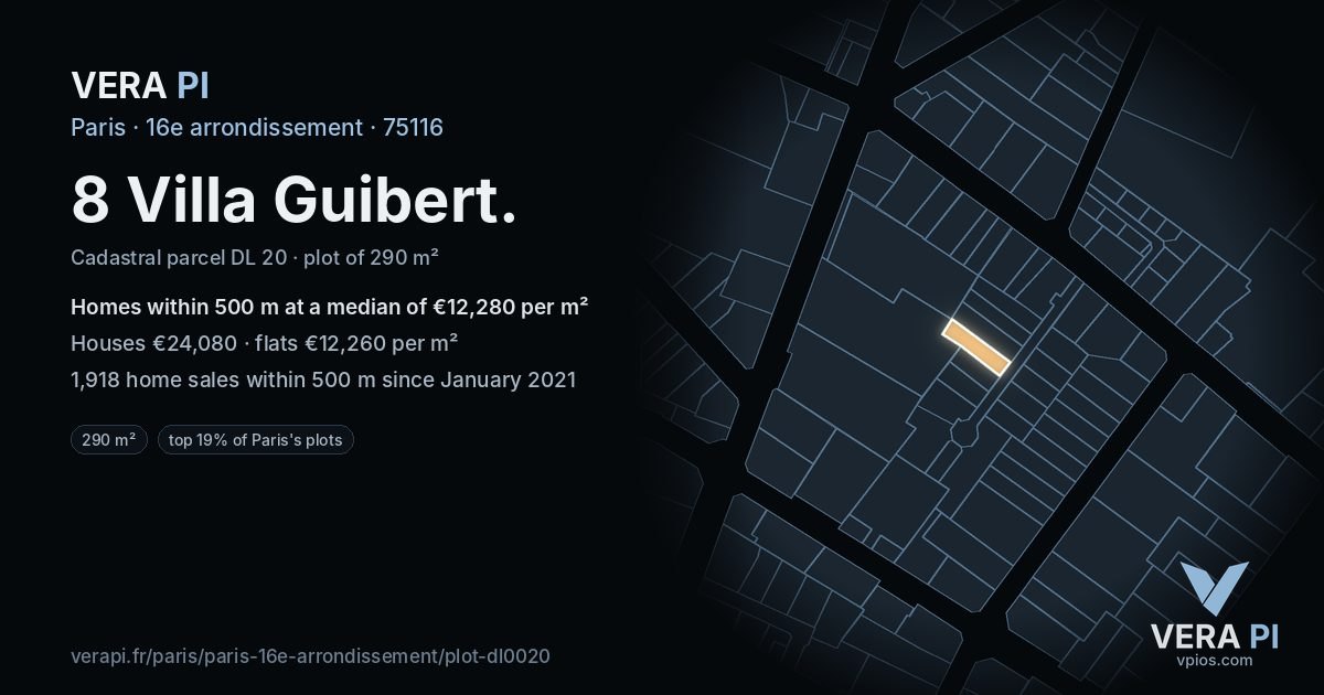 8 Villa Guibert, 16e arrondissement at night – the plot lit, the parcels around coloured by the prices near them