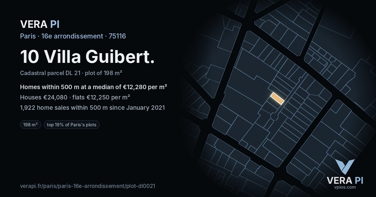 10 Villa Guibert, 16e arrondissement at night – the plot lit, the parcels around coloured by the prices near them