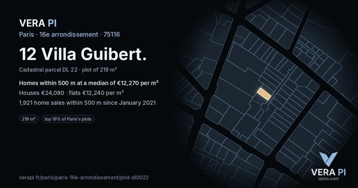 12 Villa Guibert, 16e arrondissement at night – the plot lit, the parcels around coloured by the prices near them