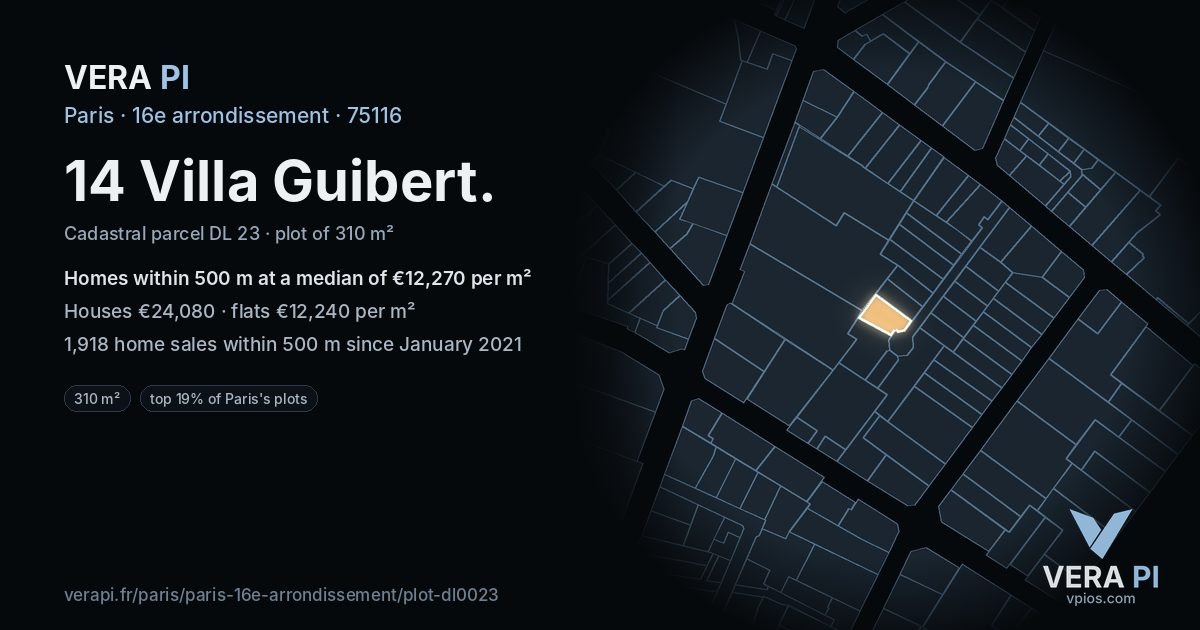 14 Villa Guibert, 16e arrondissement at night – the plot lit, the parcels around coloured by the prices near them