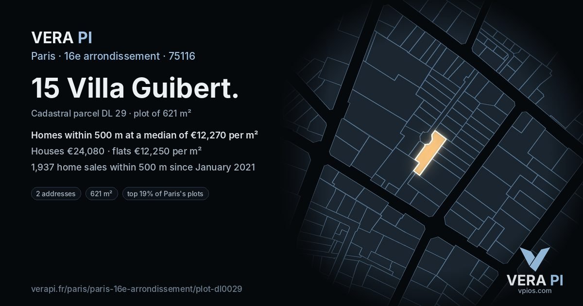 15 Villa Guibert, 16e arrondissement at night – the plot lit, the parcels around coloured by the prices near them