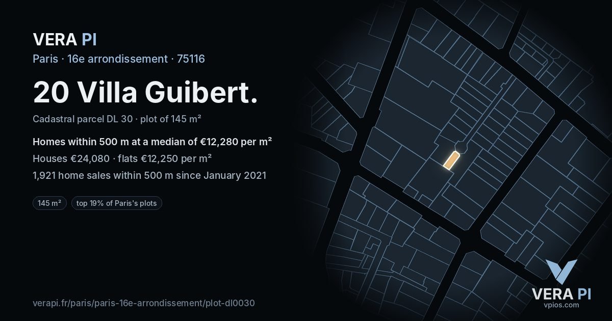20 Villa Guibert, 16e arrondissement at night – the plot lit, the parcels around coloured by the prices near them