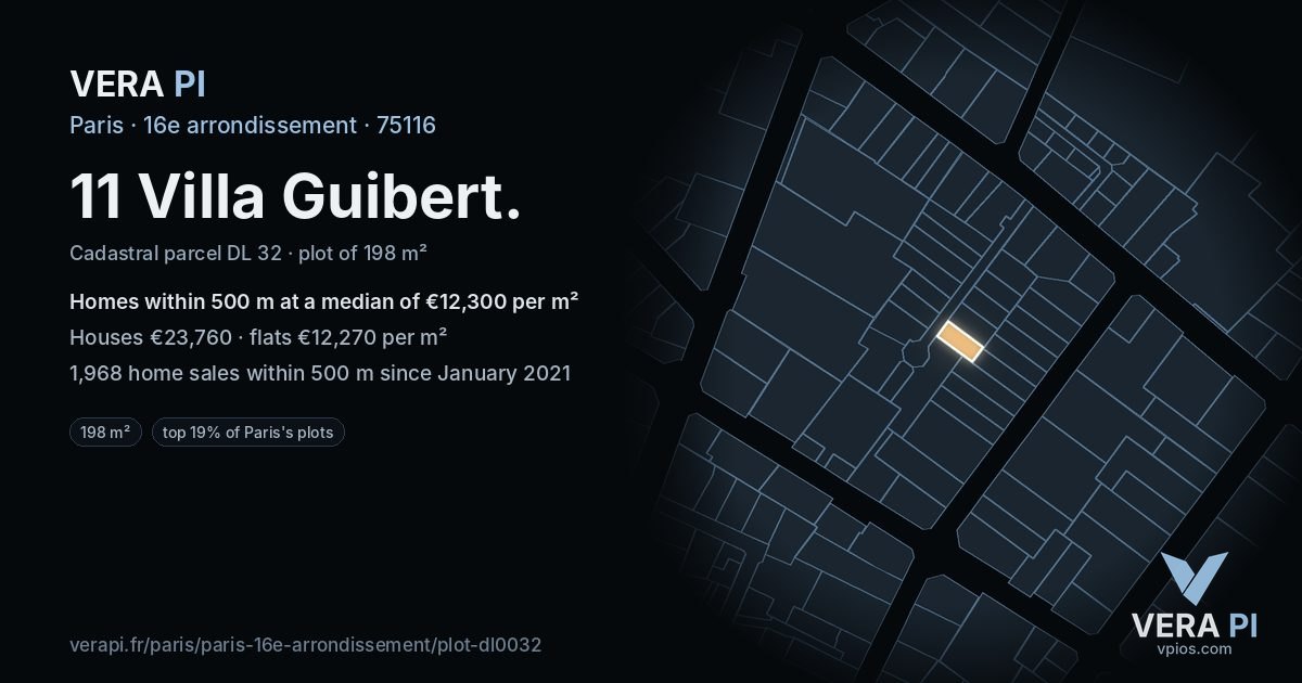 11 Villa Guibert, 16e arrondissement at night – the plot lit, the parcels around coloured by the prices near them