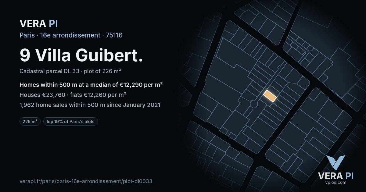 9 Villa Guibert, 16e arrondissement at night – the plot lit, the parcels around coloured by the prices near them