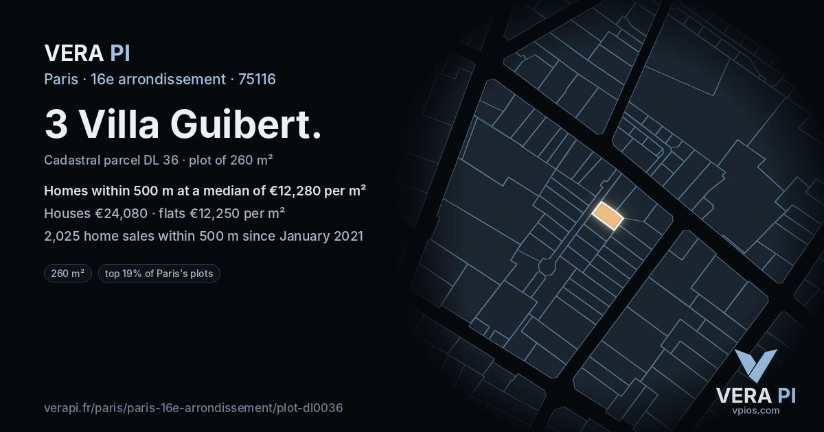 3 Villa Guibert, 16e arrondissement at night – the plot lit, the parcels around coloured by the prices near them